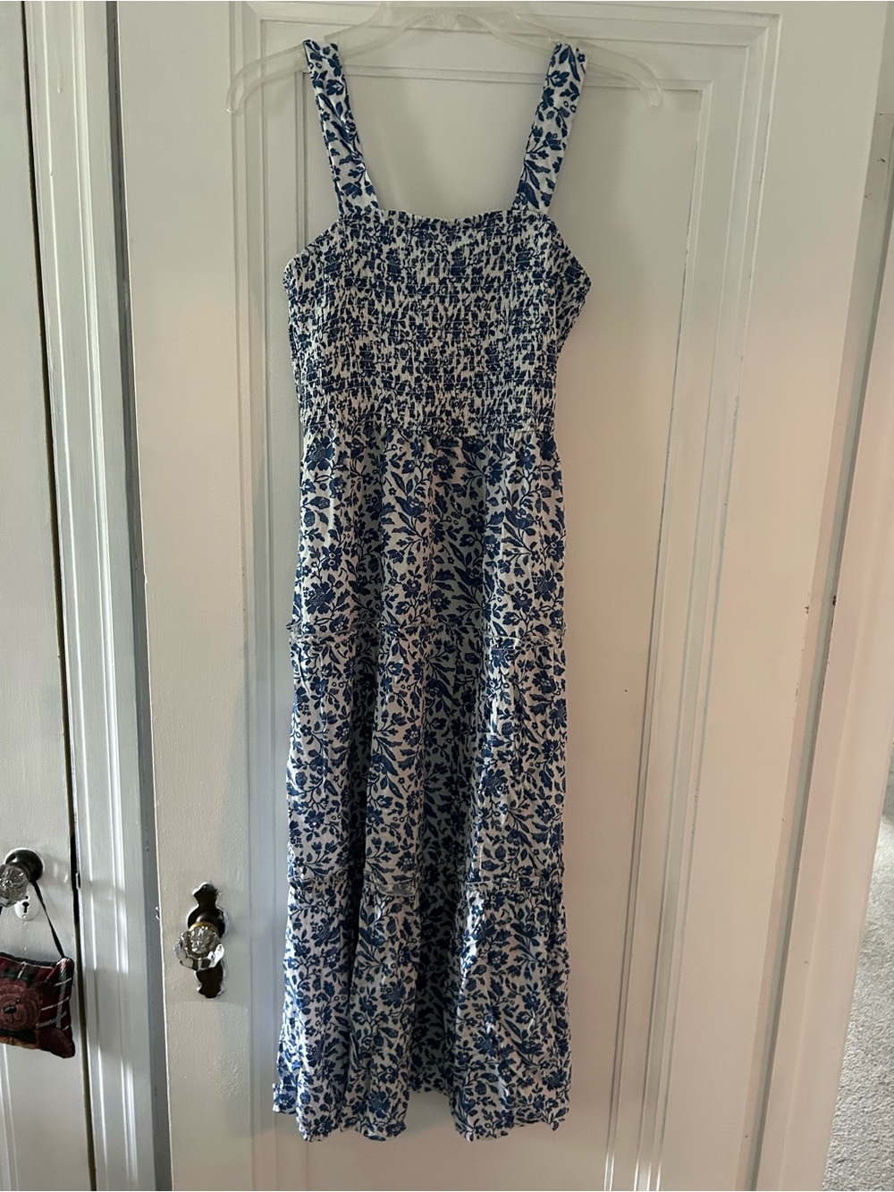 Blue and White Floral Maxi Dress - Sleeveless Smocked Bodice